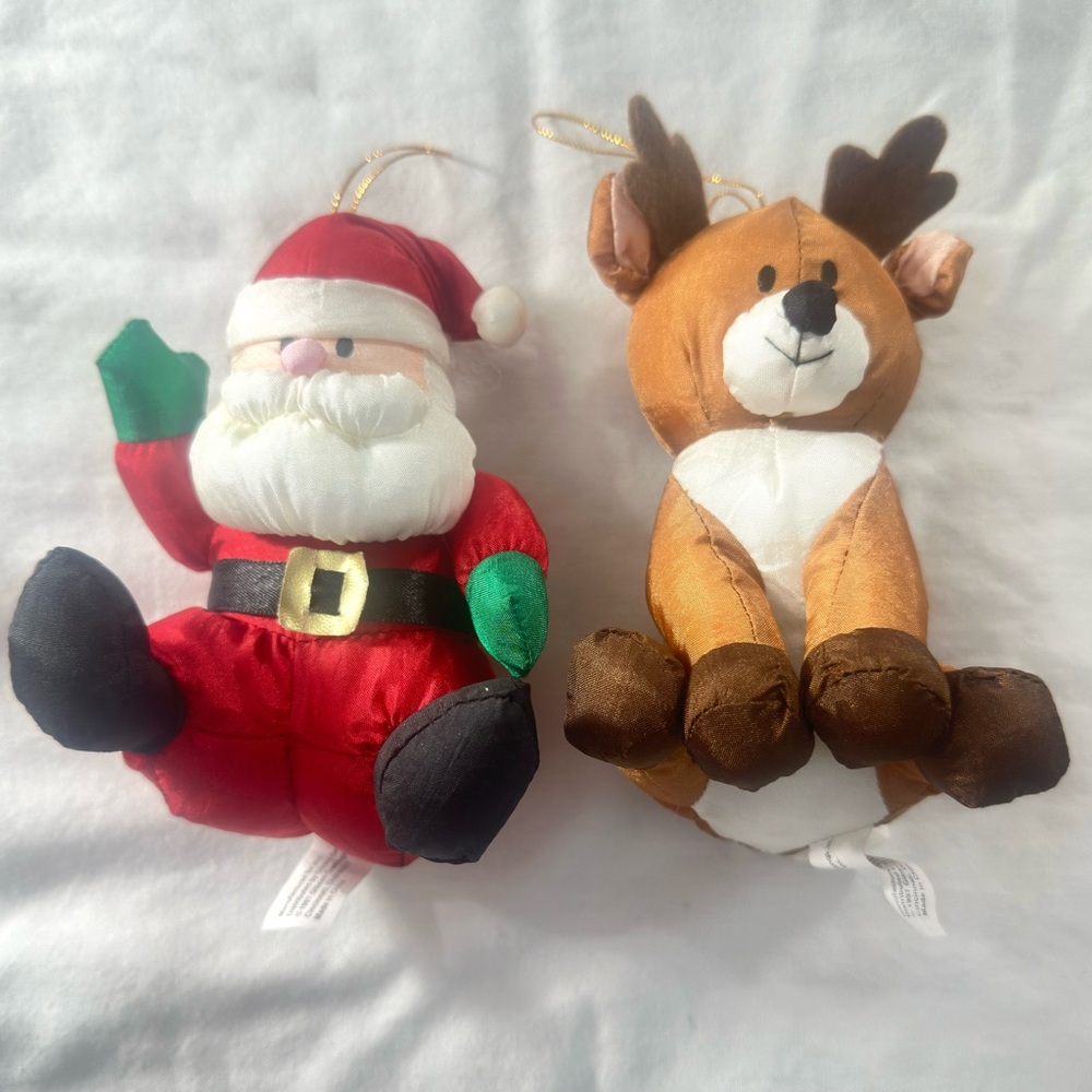 Vintage‎ 1997 Gibson Santa & Reindeer Nylon Plush Ornaments Set Collectible 90s
